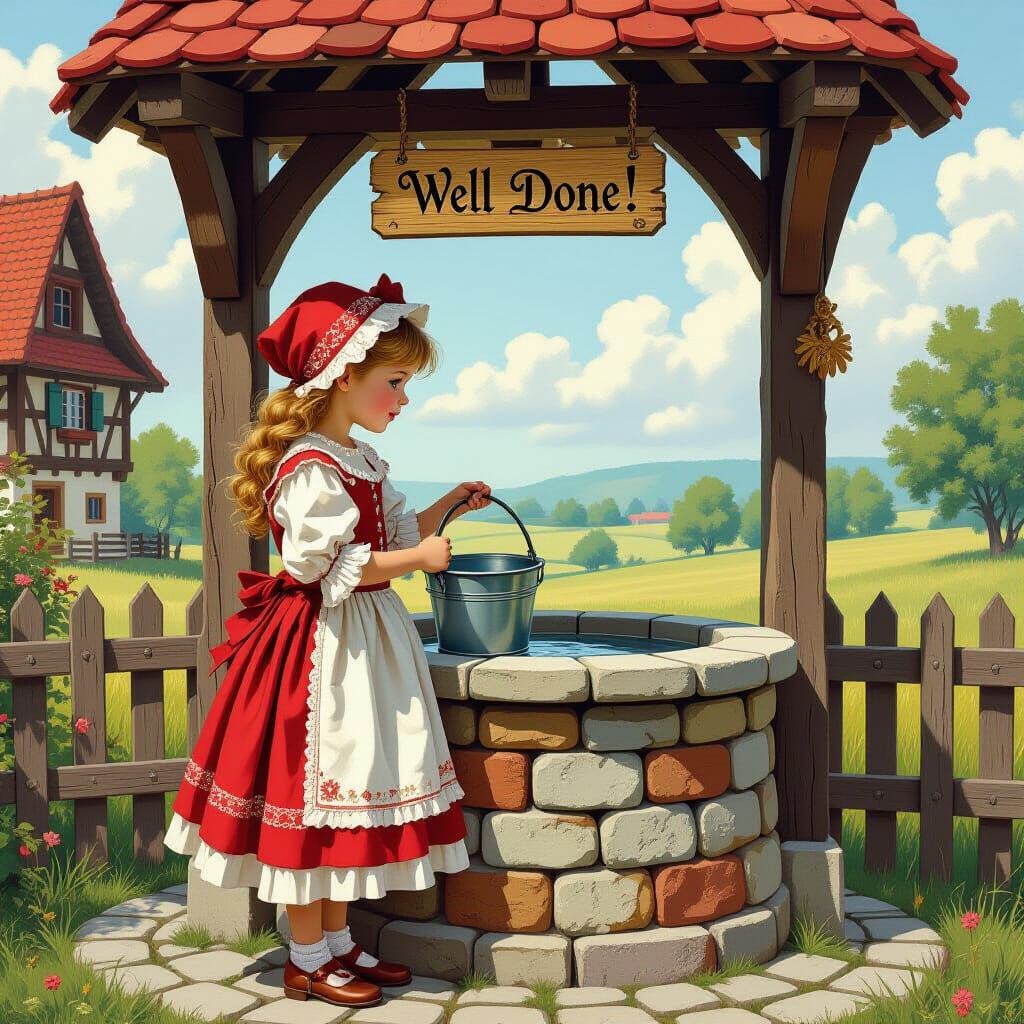 Medieval Girl at Wishing Well in Romantic Style