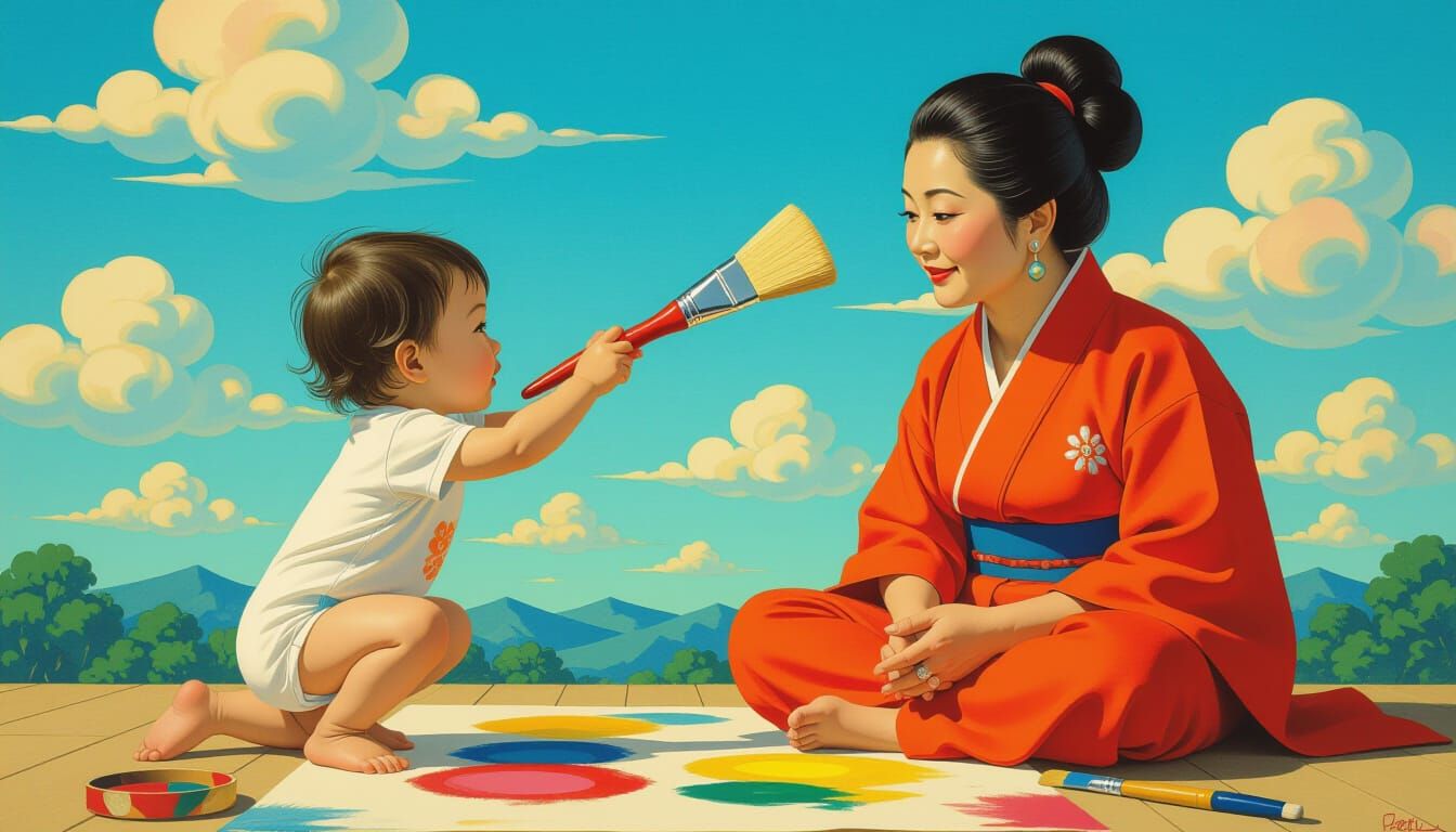 Child Paints Mother's Portrait on Sky Canvas