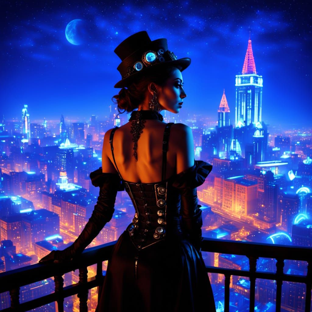 Gothic Woman Views Neon Steampunk Cityscape at Night