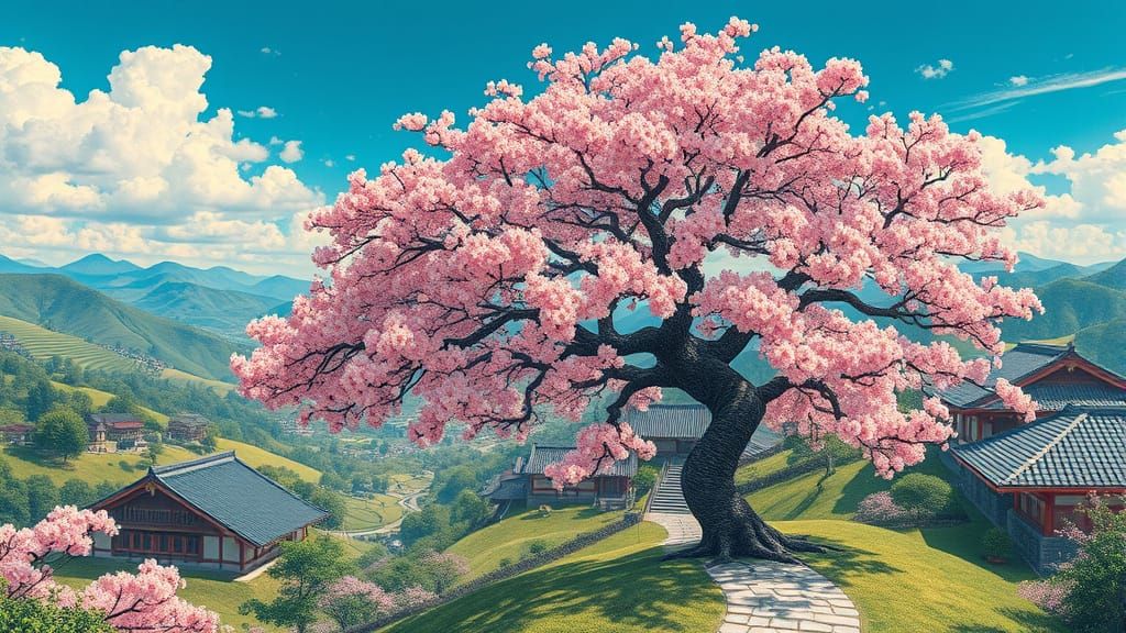 Surreal Sakura Tree in Japanese Landscape with Traditional H...