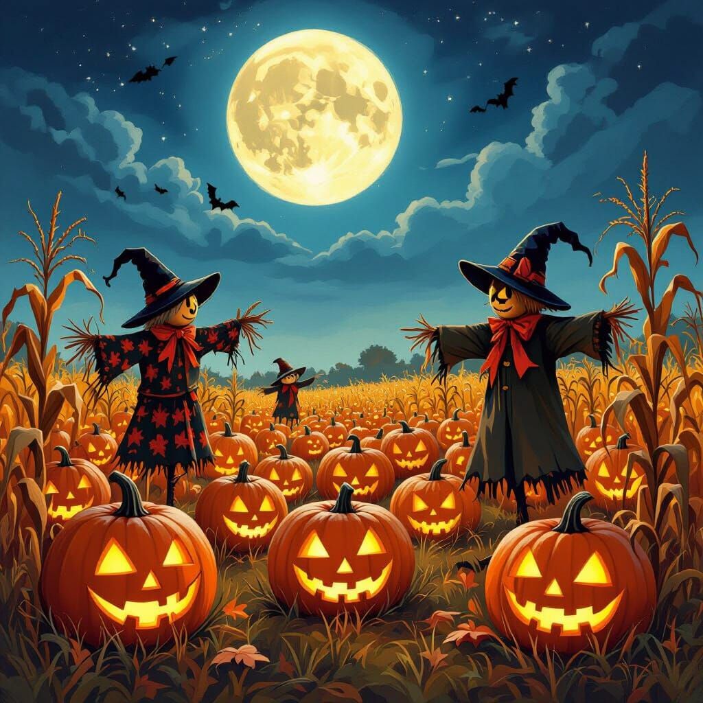 Whimsical Halloween Harvest Scene with Glowing Pumpkins