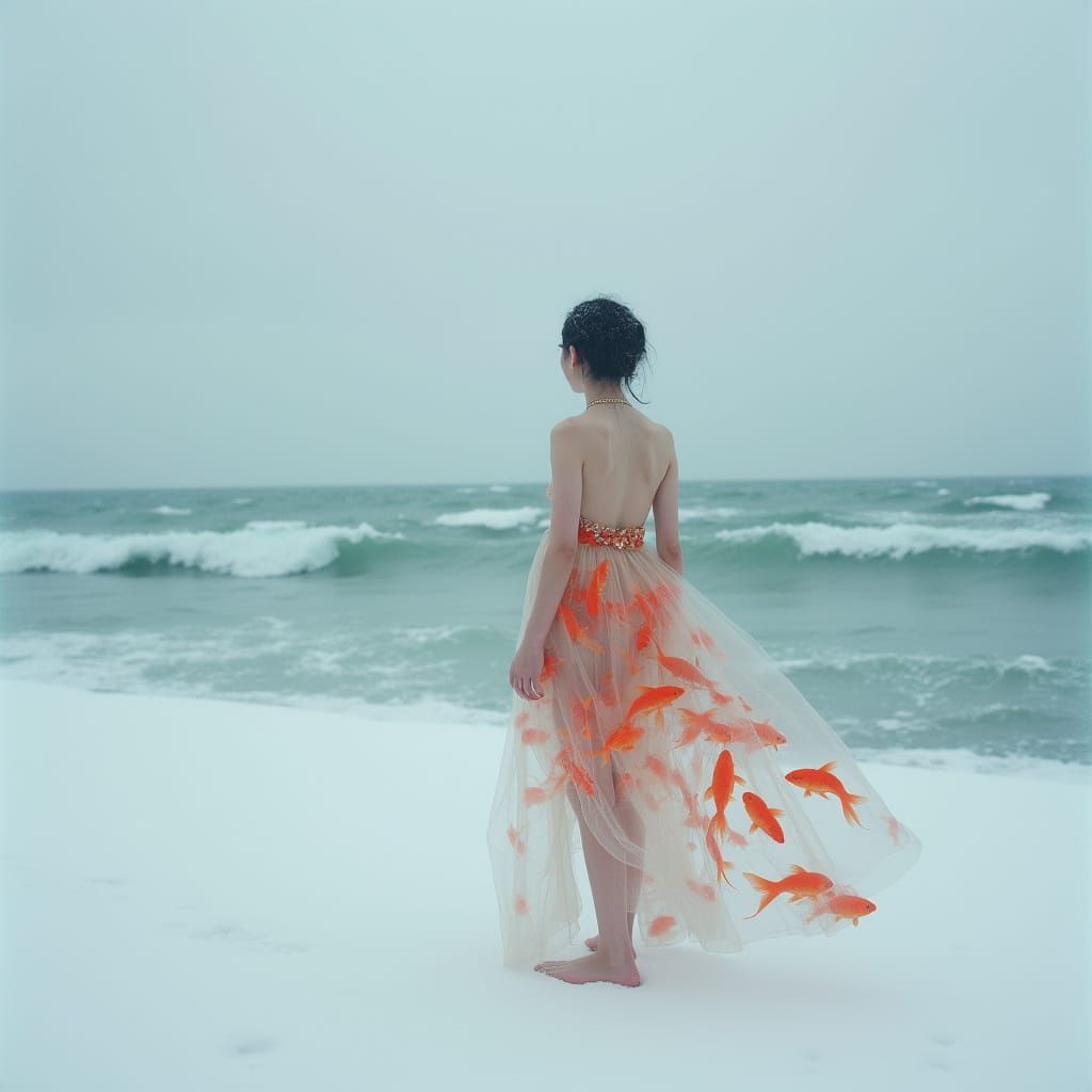 Surreal Figure with Goldfish on Winter Beach