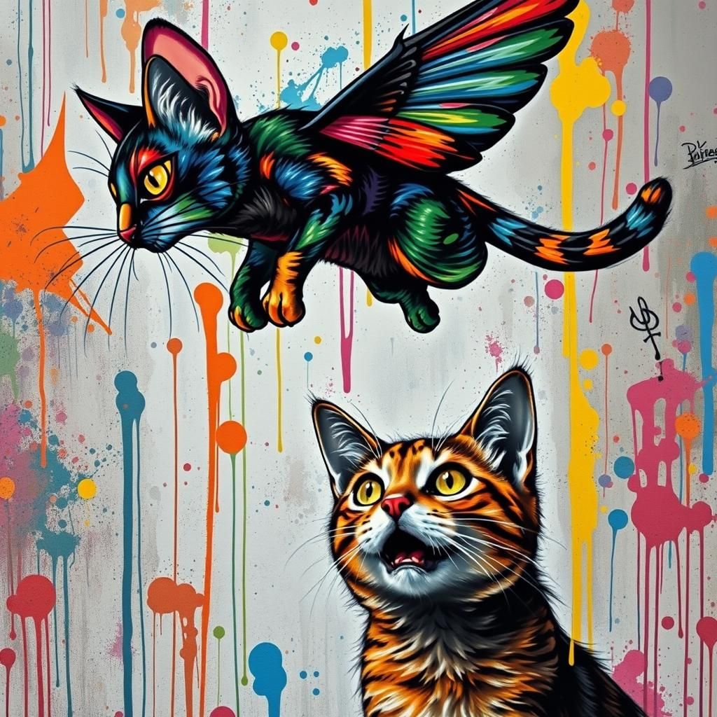 Flying Mouse Skeleton Street Art with Surprised Cat