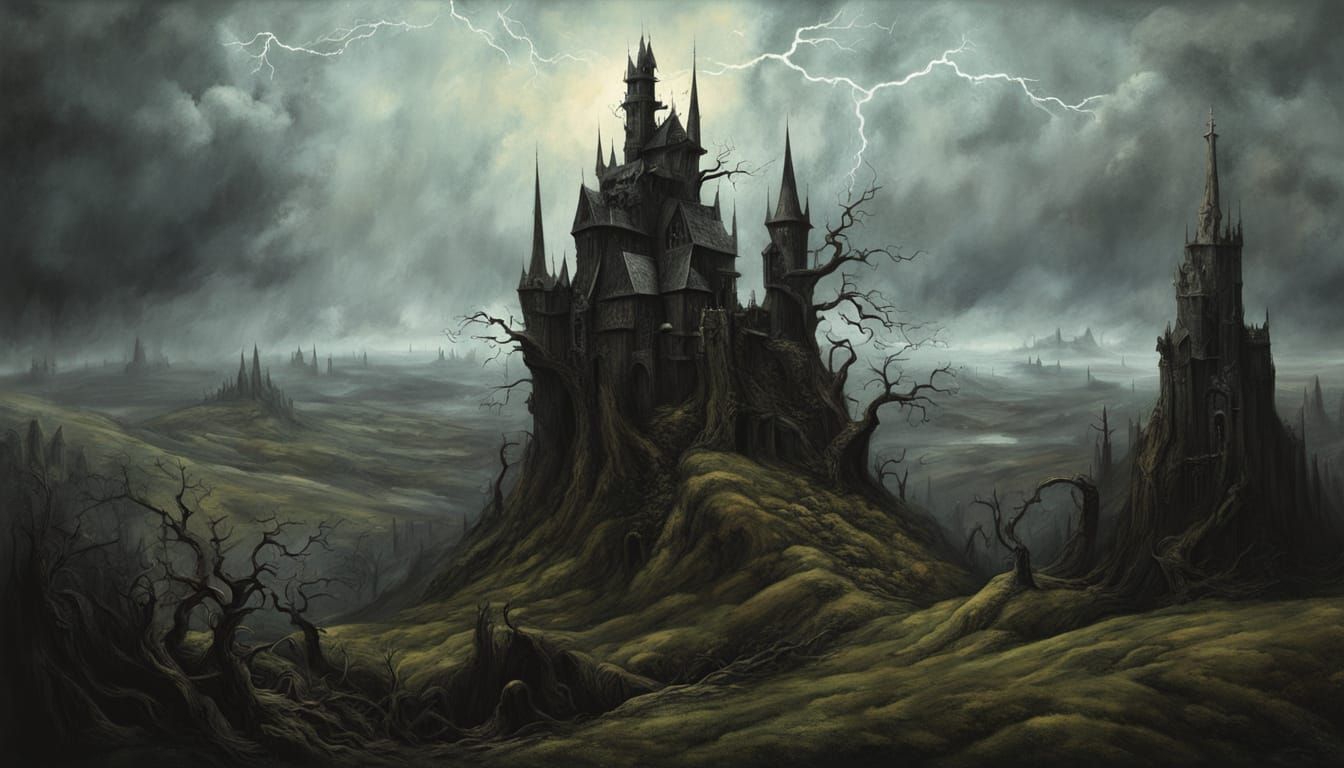 Dark Castle Amidst Smoky Vistas in a Moody Oil Painting