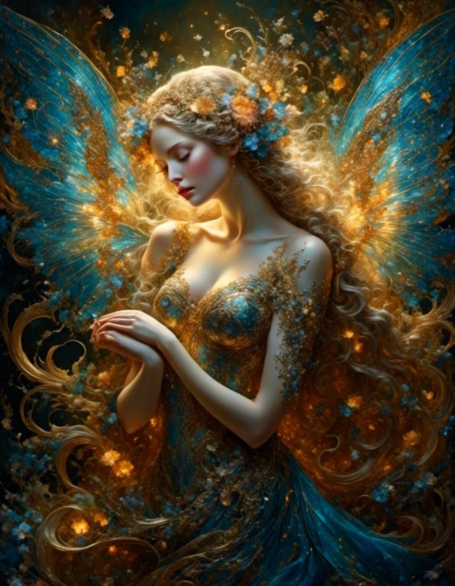 Winged Woodland Fairy Mother and Baby, Klimt Watercolour