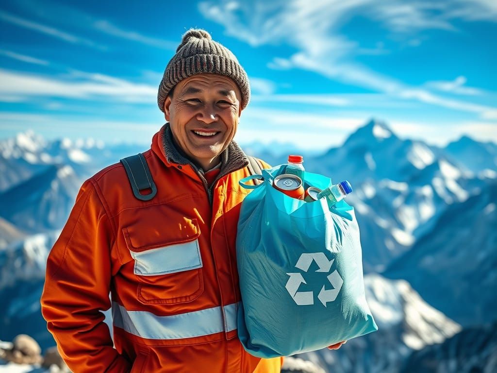 Elderly Man's Everest Recycling Mission: Photorealistic Styl...