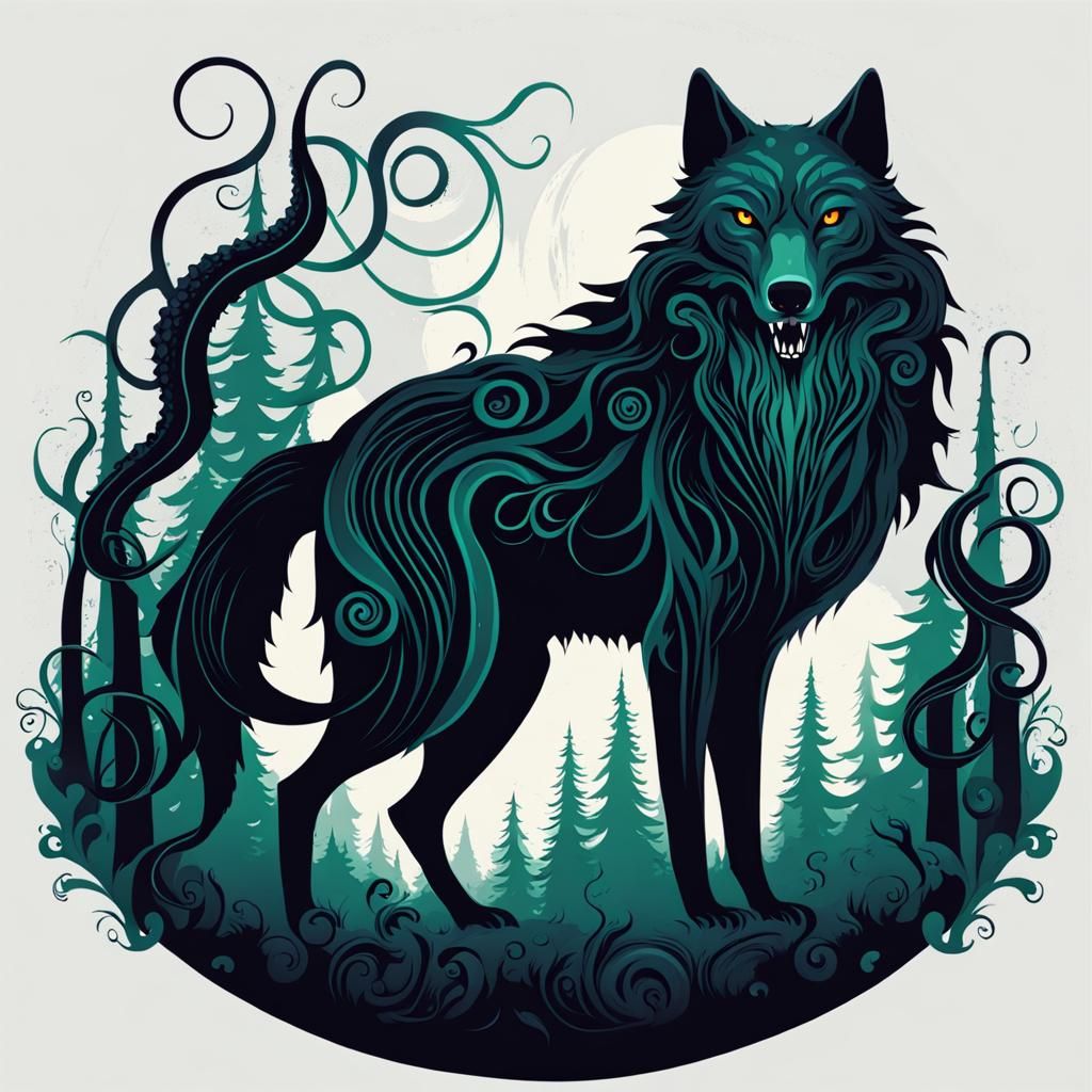 Cthulhu-Inspired Wolf with Tentacles in Dark Forest