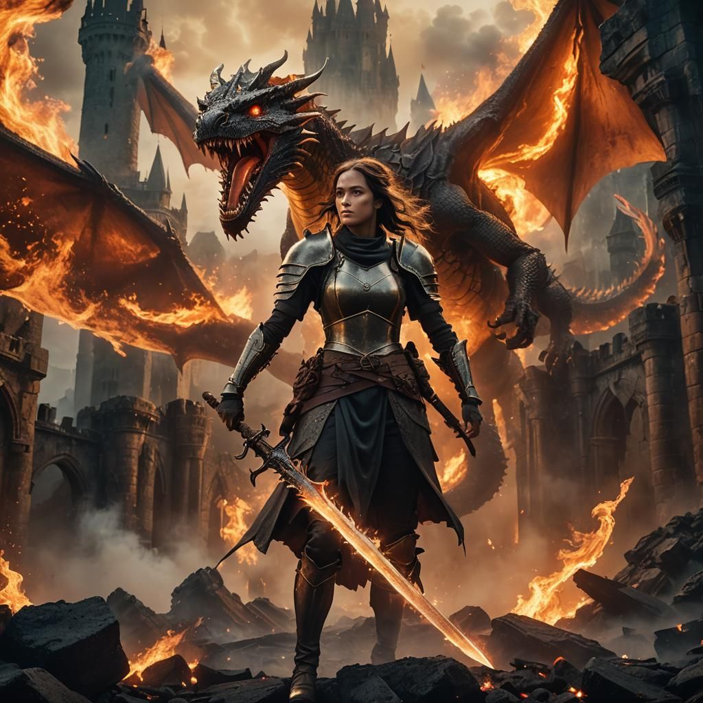 Heroine Battles Dragon in Mystical Castle Ruins