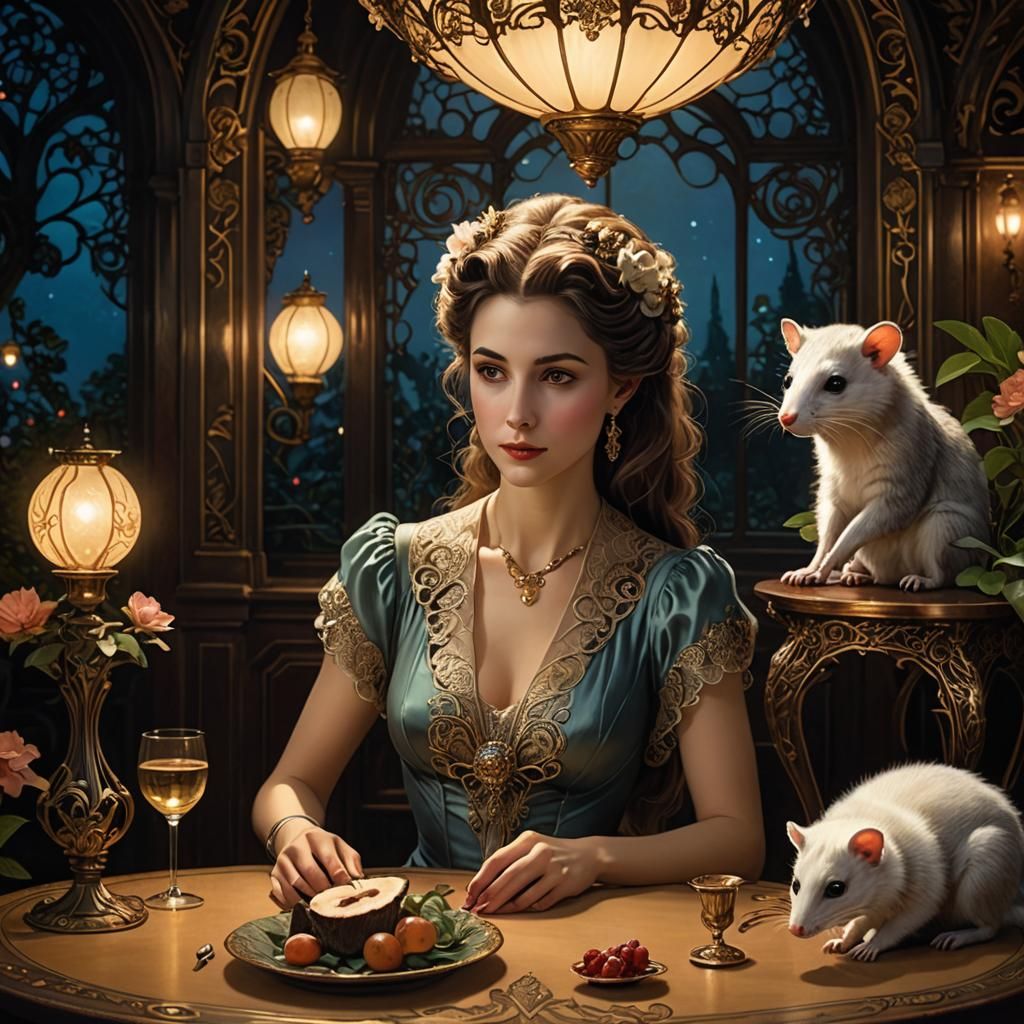 Elegant Woman and Opossum in Art Nouveau Style