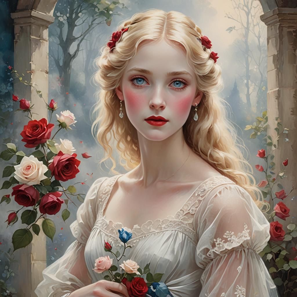 Blond Woman with Rose Bouquet in Ethereal Style
