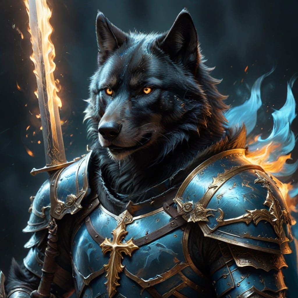 Medieval Fantasy Wolf in Blue Armor with Flaming Sword