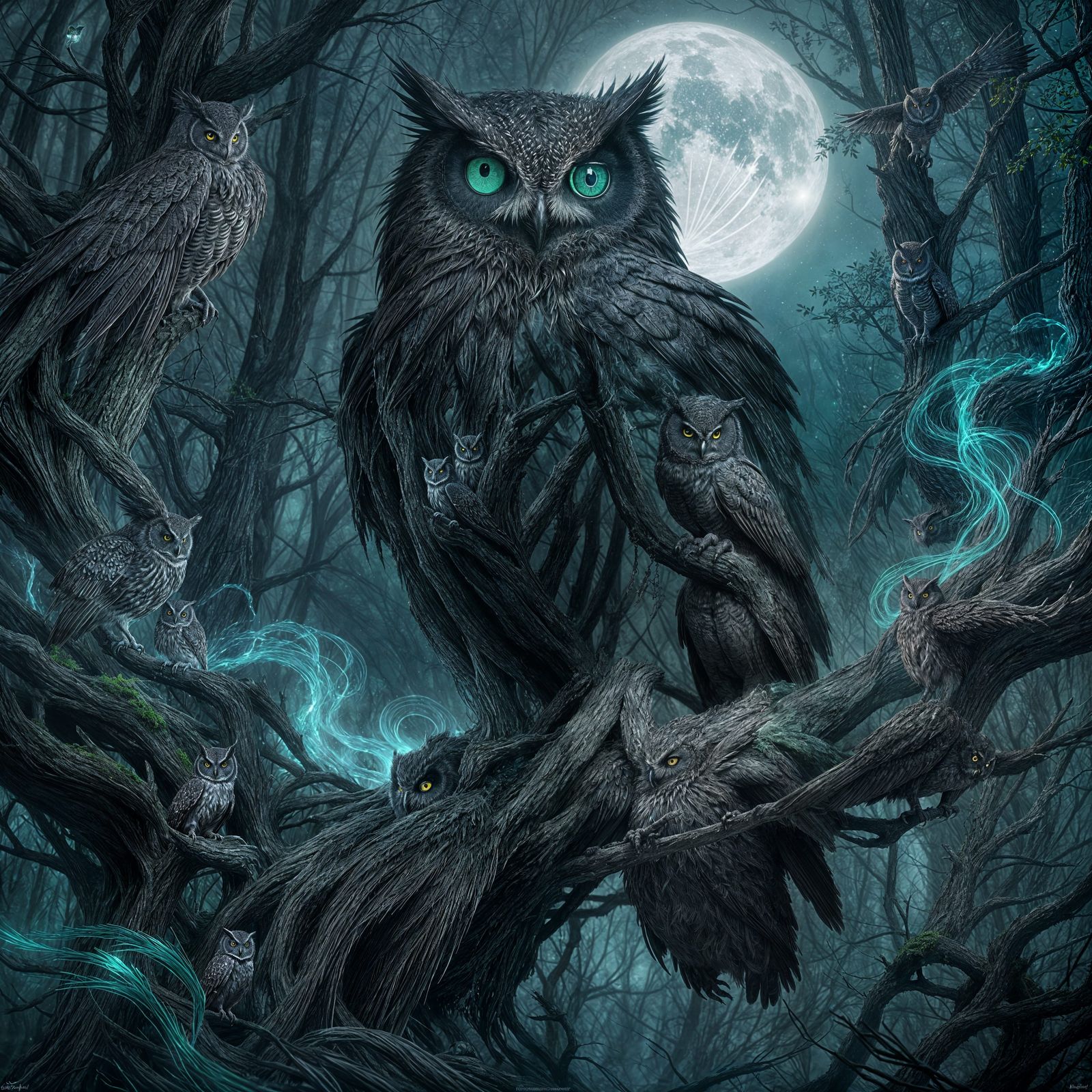 Majestic Owl in Ethereal Forest, Dark Fantasy Art