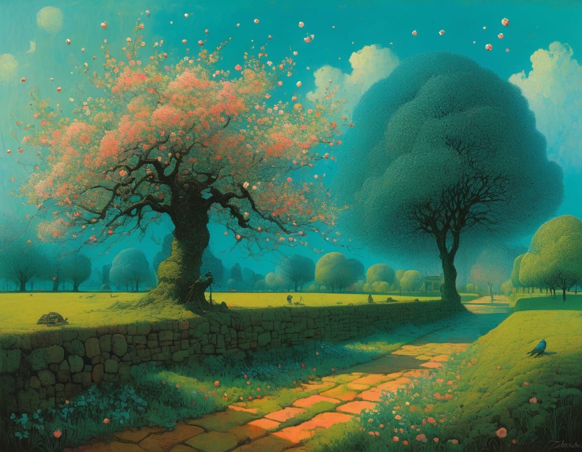 Blossoming Apple Garden in Surrealist Style