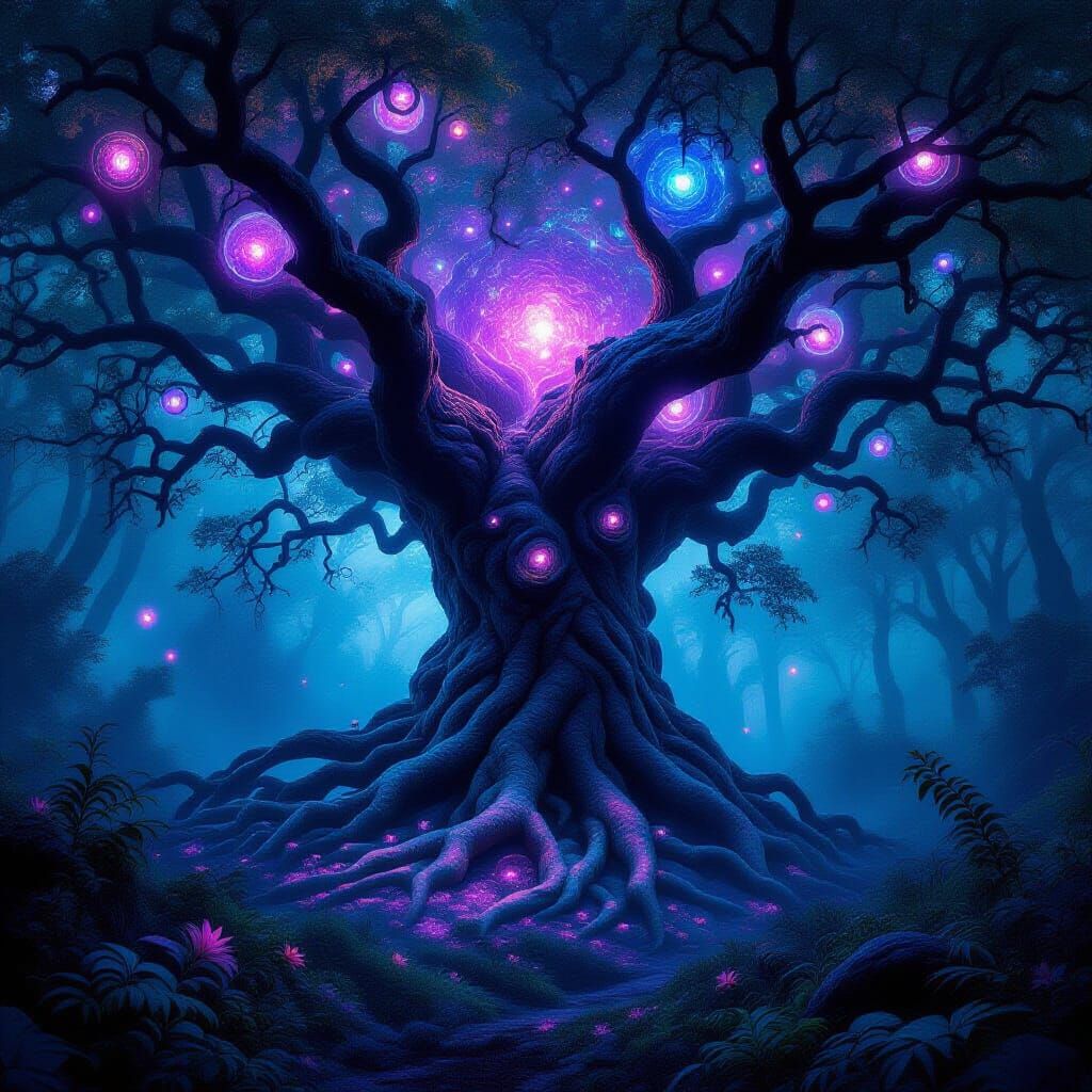 Cosmic Tree in Nebula with Ethereal Orbs