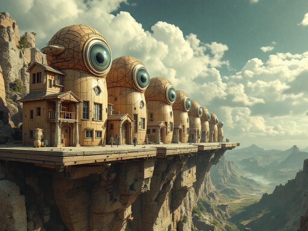 Matryoshka Doll Buildings Flown by Cloth-Winged Eyeball Hat Skygods