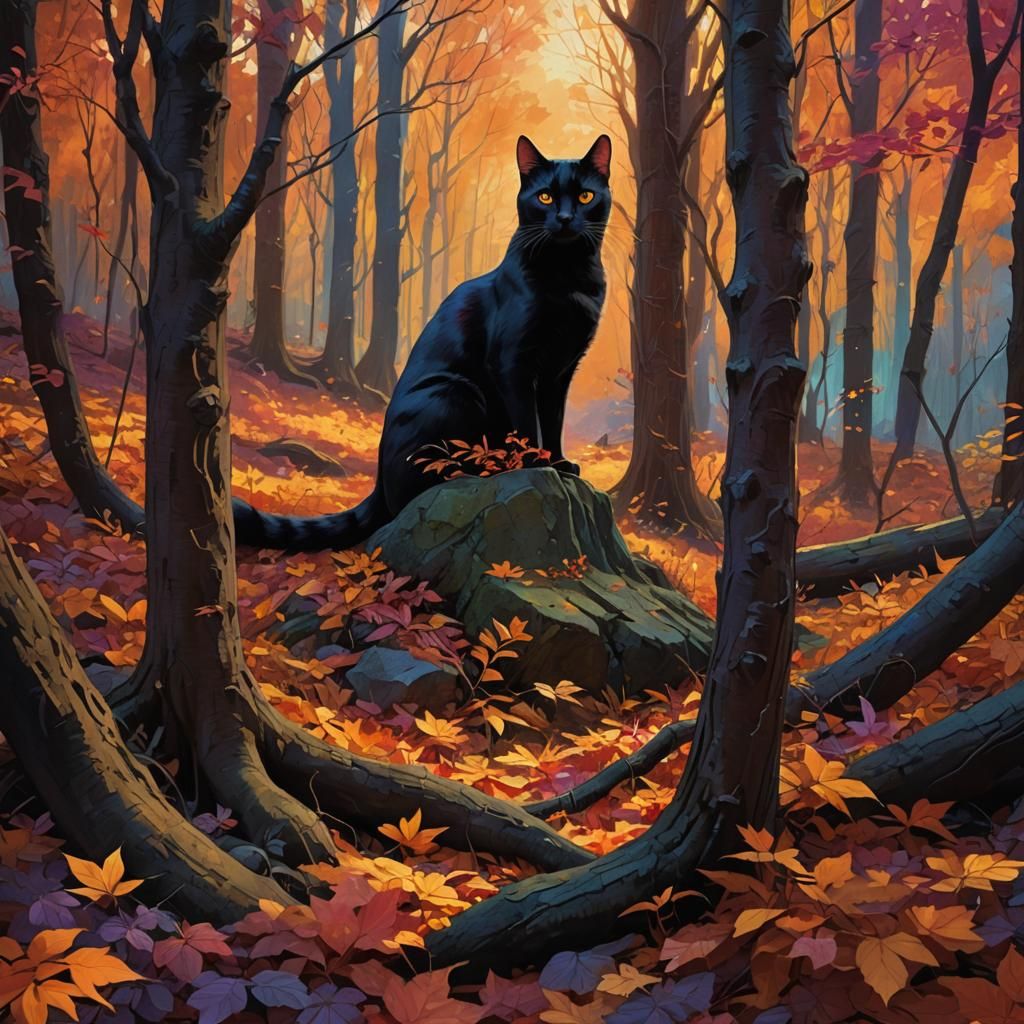 Black Cat in Autumn Forest, Digital Matte Painting