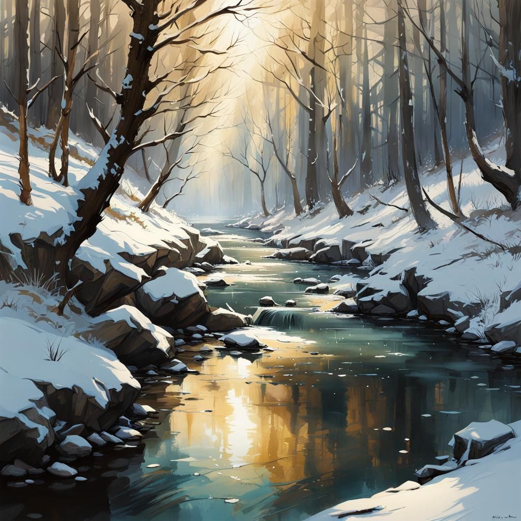 Snowy River Through Winter Forest in Digital Art Style