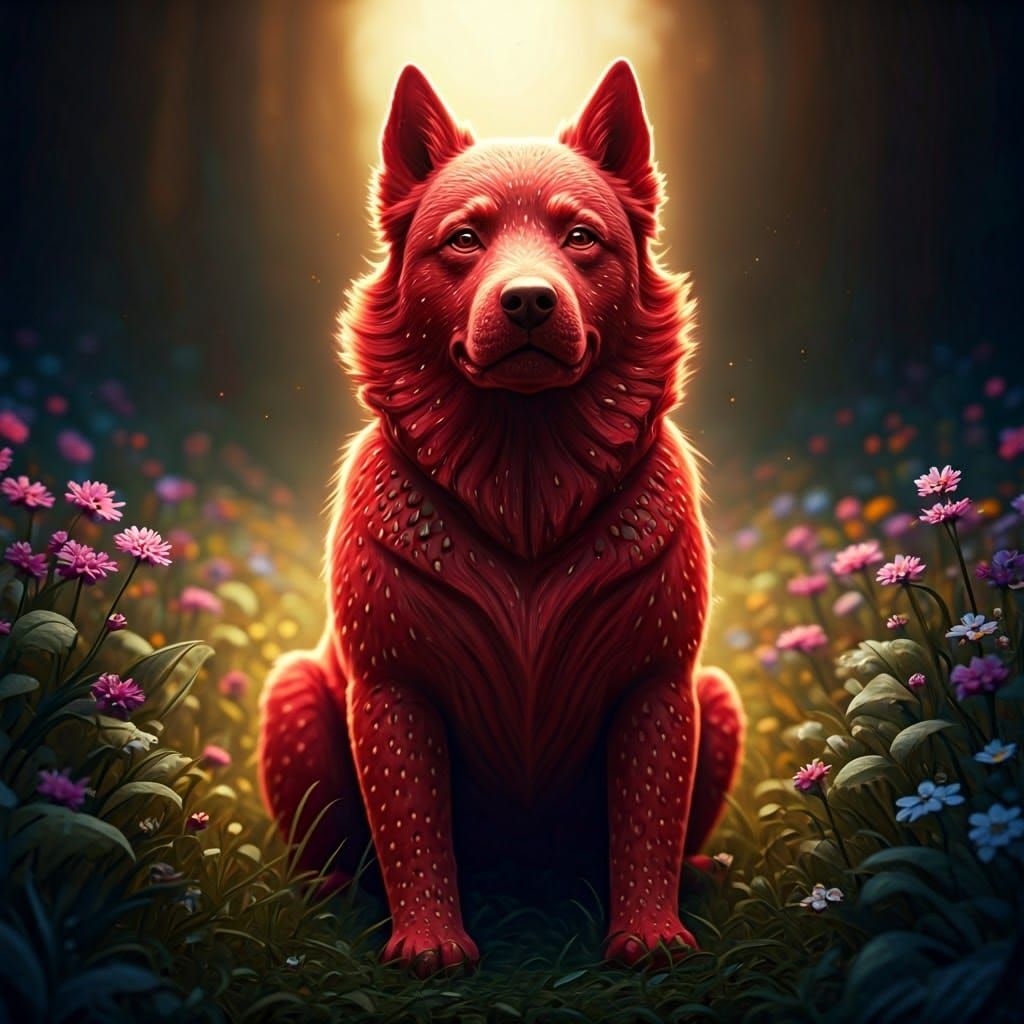 Whimsical Strawberry Dog in Vibrant Fantasy Landscape