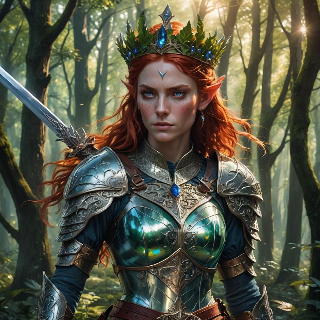 Red-Haired Elf Warrior in Enchanted Forest