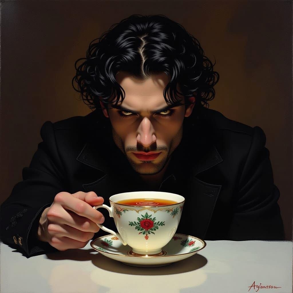 Gothic Man Sees Burned Wishes in Teacup Reflection