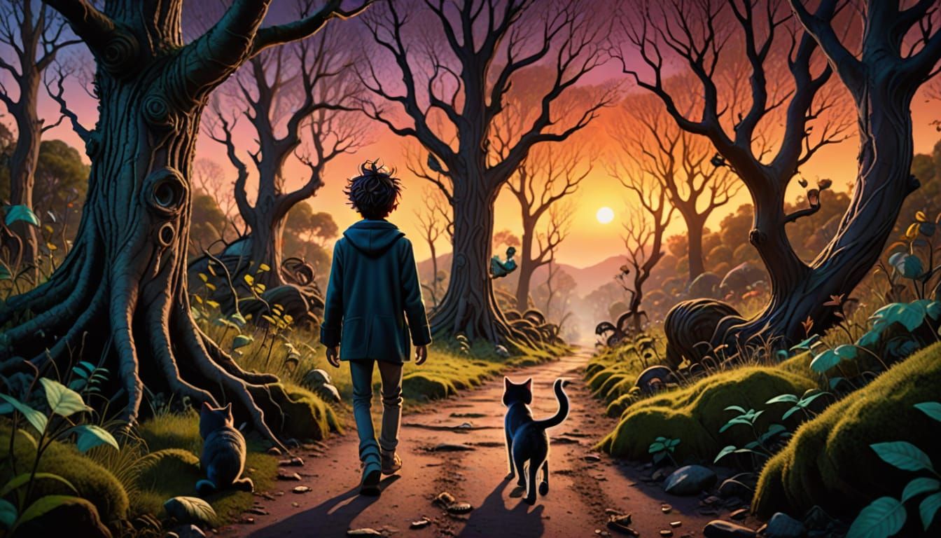Whimsical Teen Boy and Cat Stroll Through a Dreamlike Forest