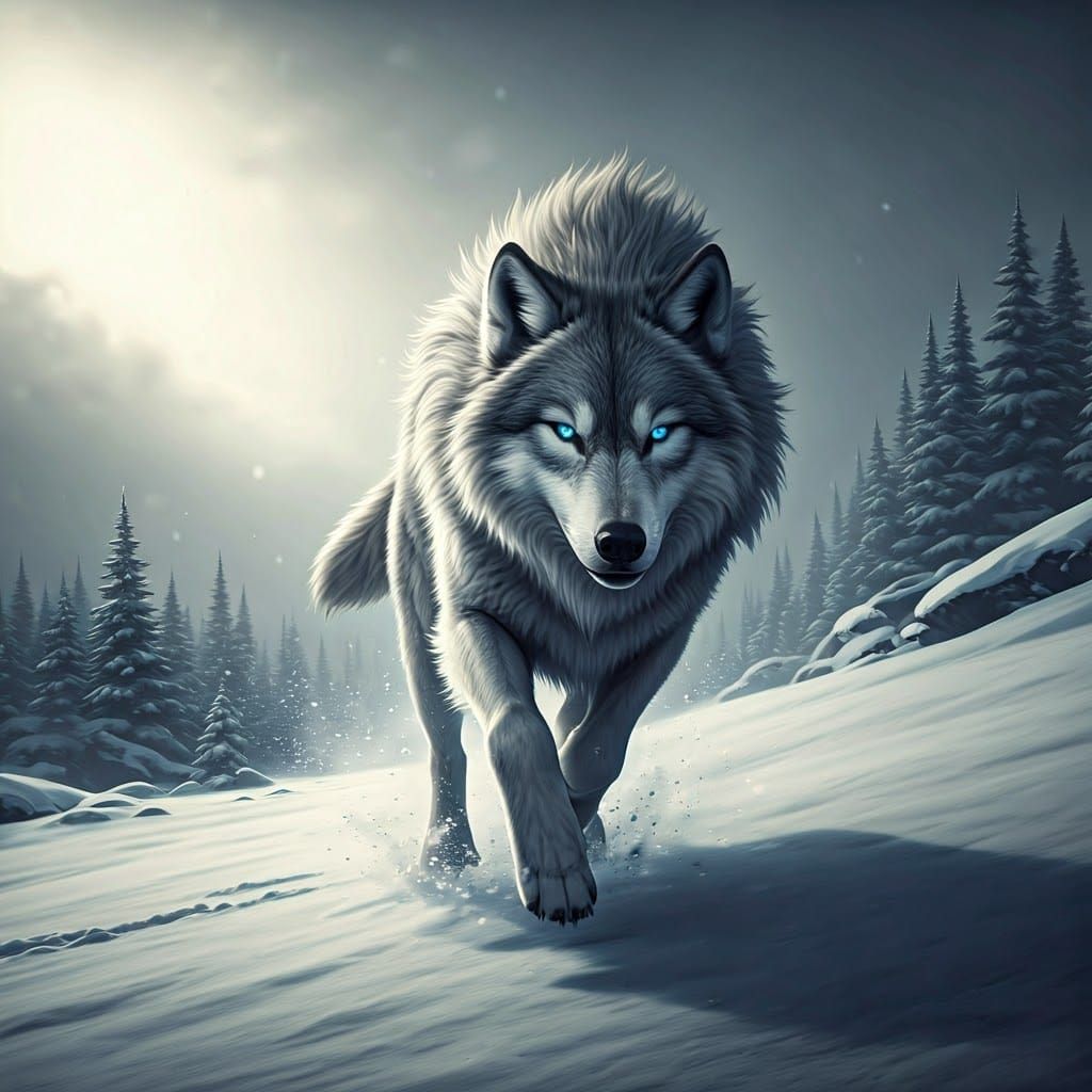 Hyper-Realistic Grey Wolf in Mid-Sprint, Neon-Blue Eyes Fixe...