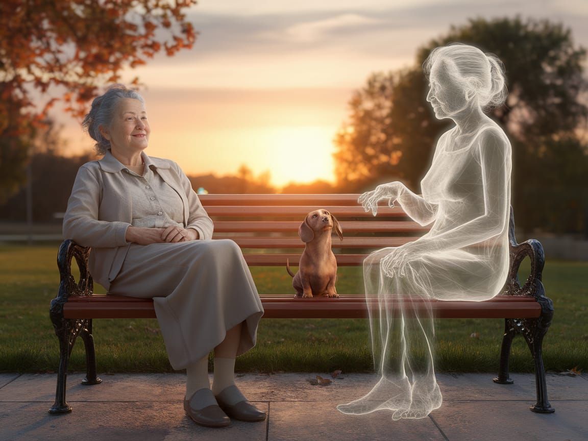 4 pictures (4): Grandma is dead; you can still talk to her on a bench in the park.