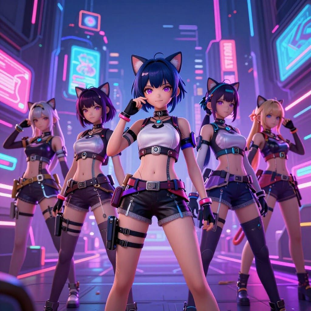 Futuristic Cat-Girls in Cyberpunk City