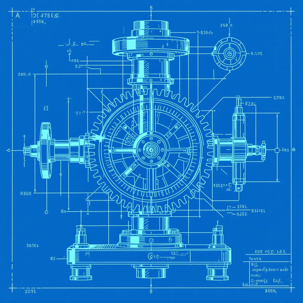 Complex Machinery Schematic in Blueprint Style