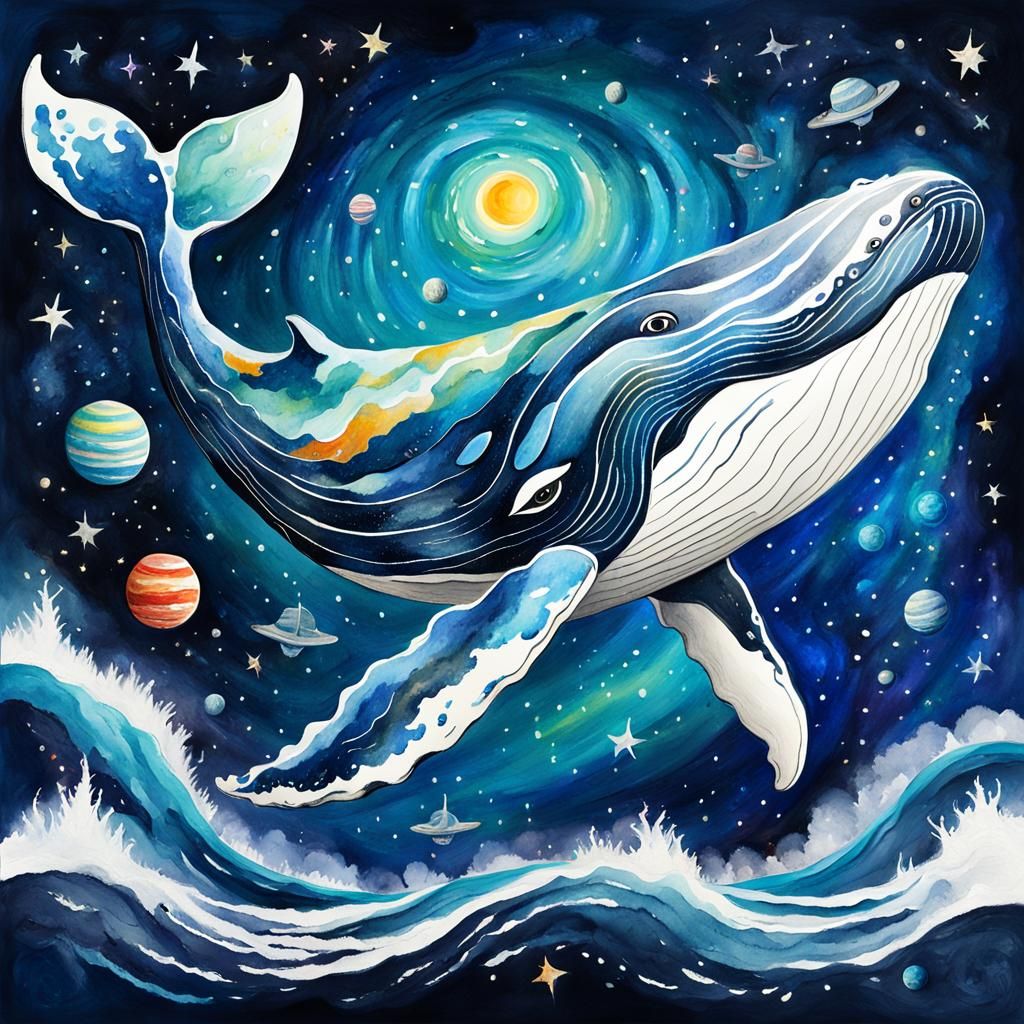 Whale Soaring Through Space as Gouache Painting
