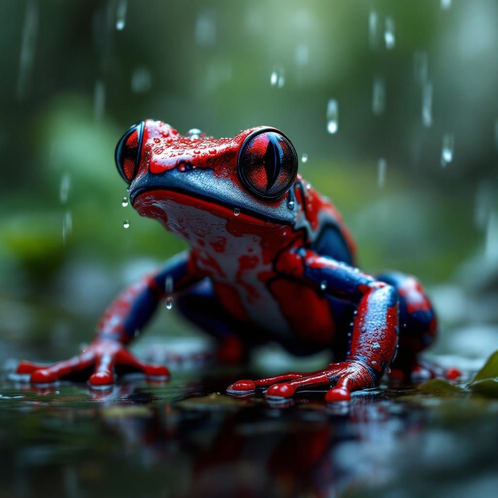 Vibrant Red and Silver Poison Dart Frog in Rainy Rainforest