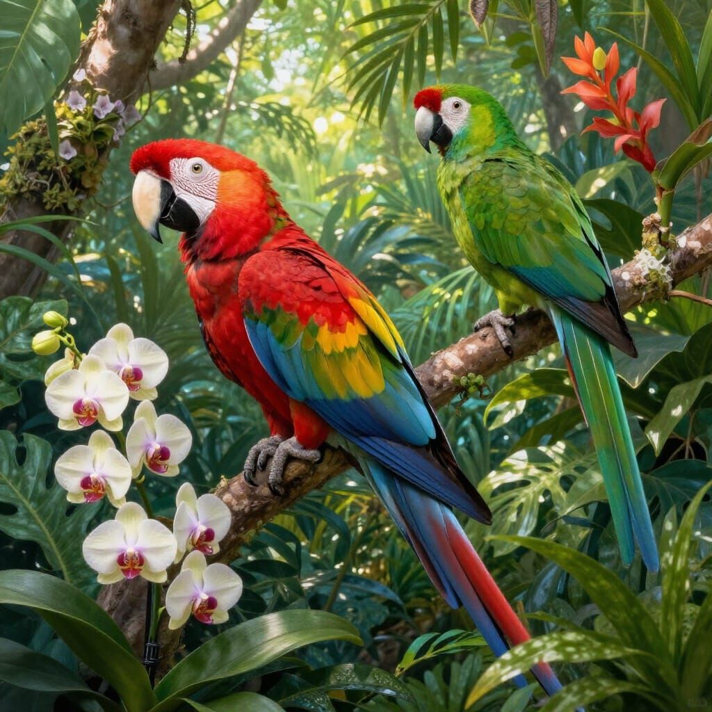 Tropical Birds Perched in Lush Foliage, Realistic Style