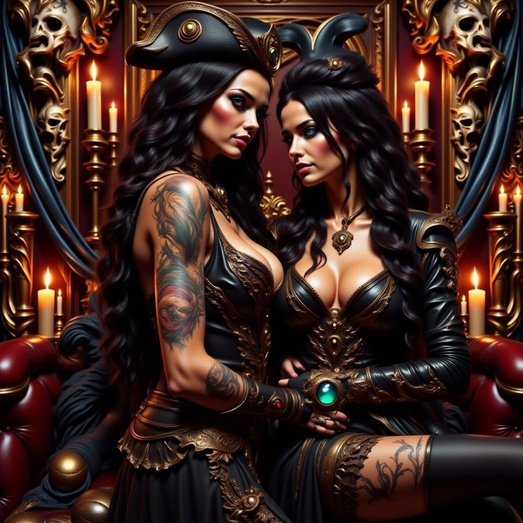 Two Pirate Women in Leather Outfits with Blue Eyes
