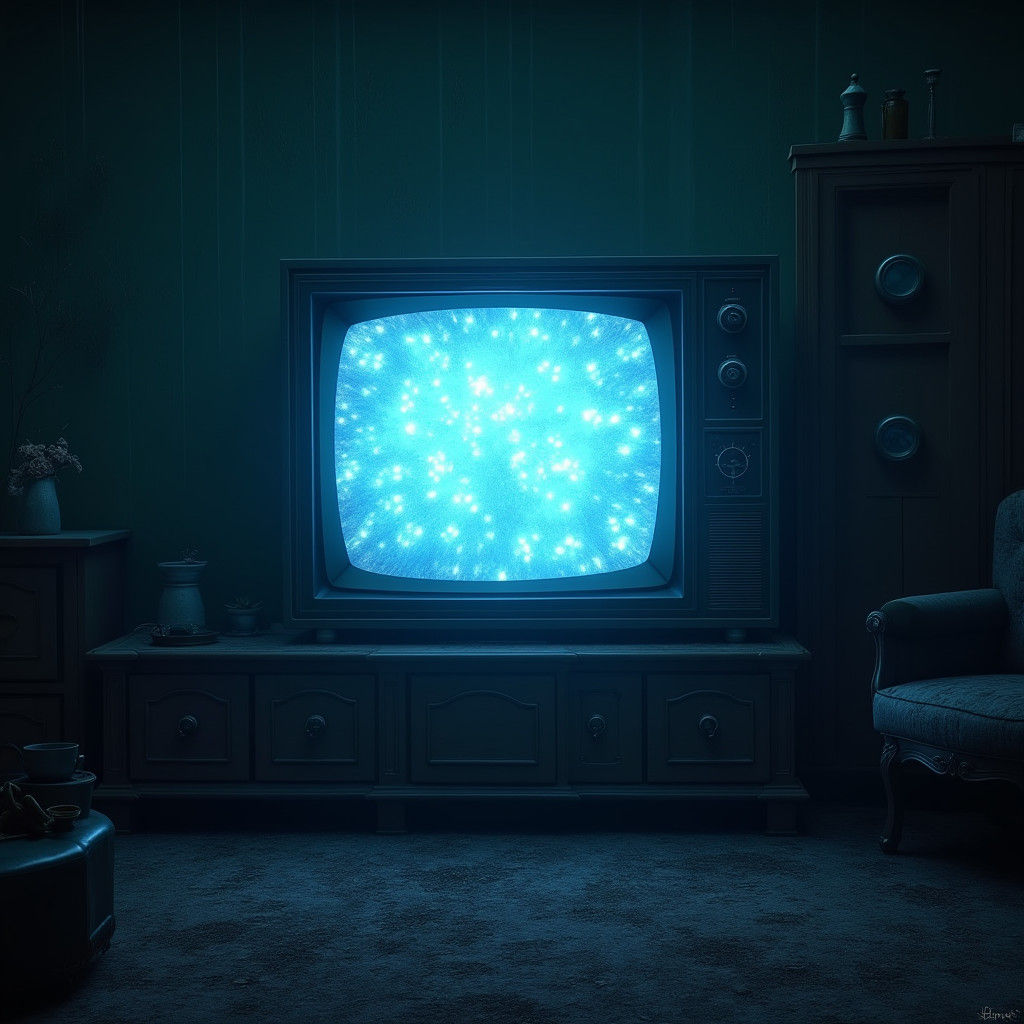 Retro Television Portal in a Dimly Lit Room