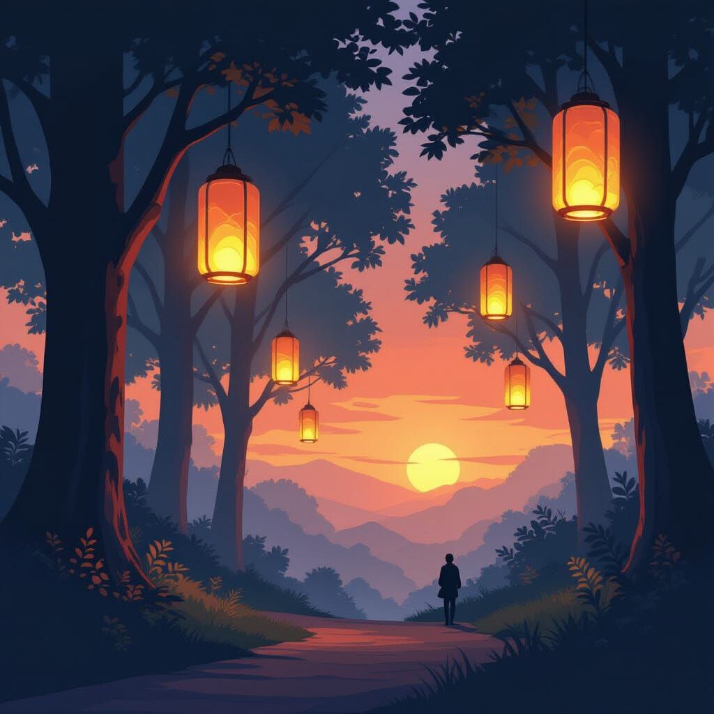 Lanterns in Trees with Soft Warm Glow