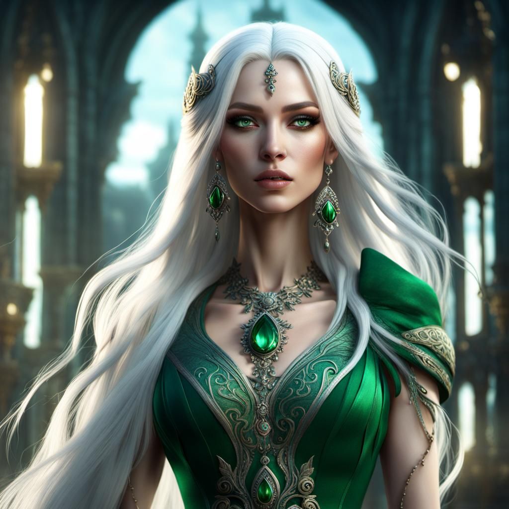 Beautiful Girl with White Hair and Green Dress