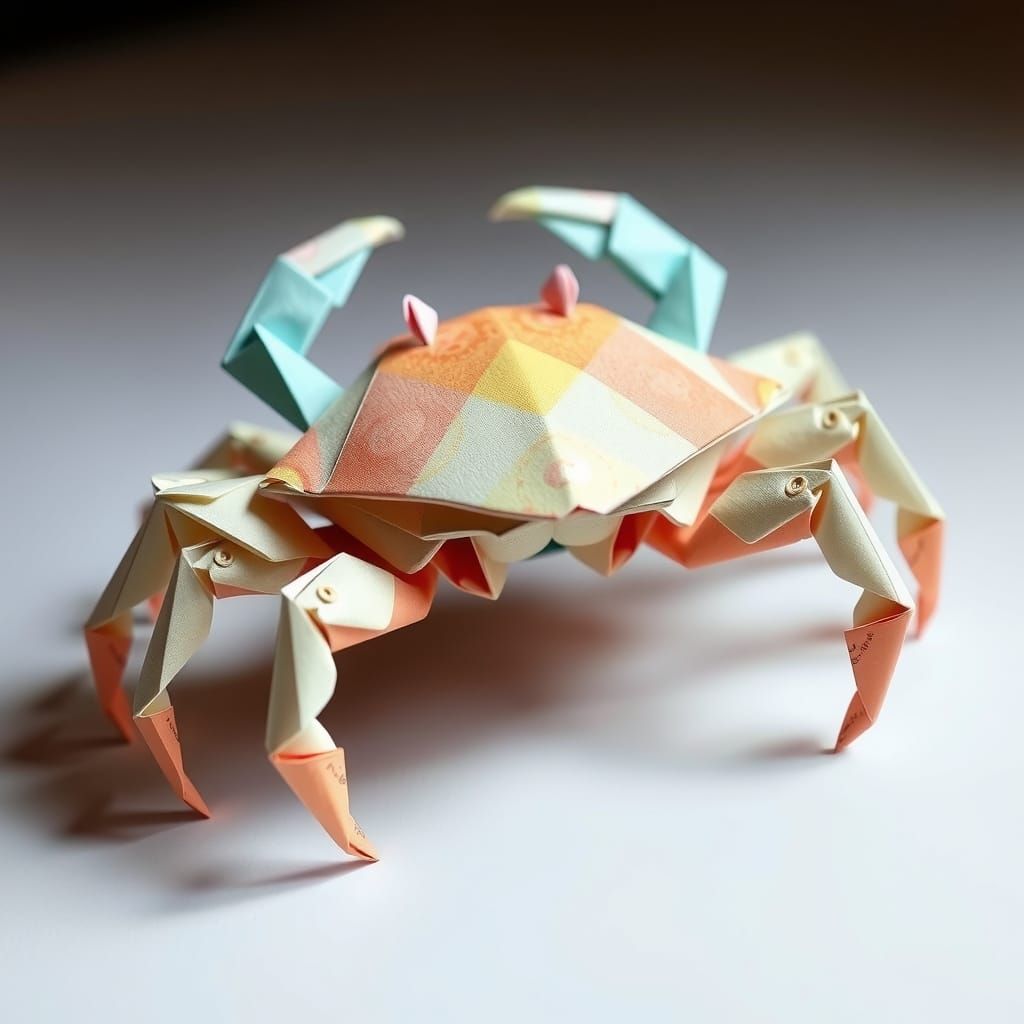 Intricate Origami Crab Art in Takashi Murakami Style