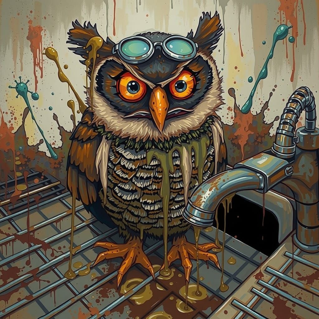 Owl Amidst Kitchen Chaos in Bold Acrylic