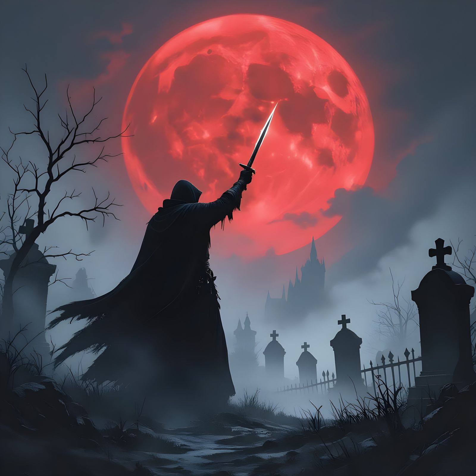Vampire Hunter Silhouetted Against Blood Moon