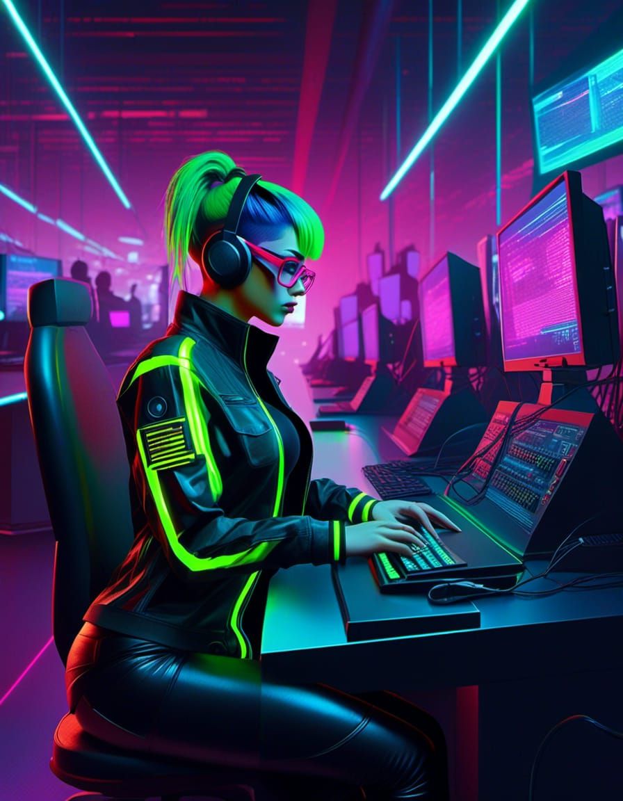 hacker punk::cyberpunk_girl::25 year old::short electric_green hair, alternative_hair::reflective glasses::reflection fr...