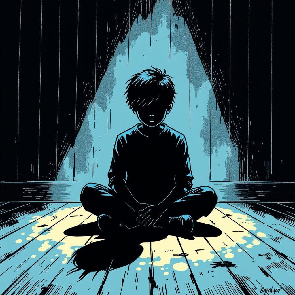 Shadow Figure Replaces Boy in Eerie Cartoon Horror Scene