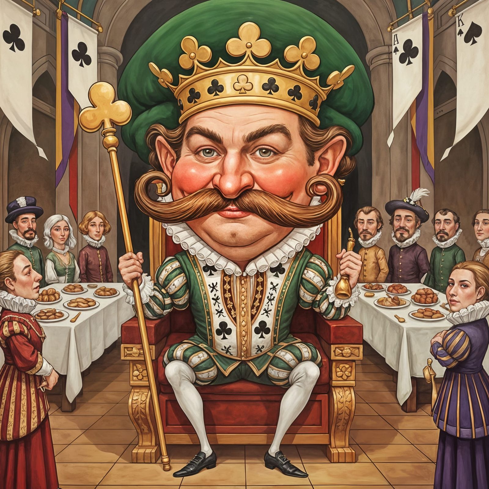 Jovial King of Clubs Caricature in Renaissance Style