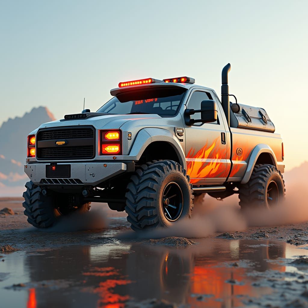 Sci-fi advanced truck with rocket boosters. It's very much like a pickup truck but with futuristic lines and flames pain...