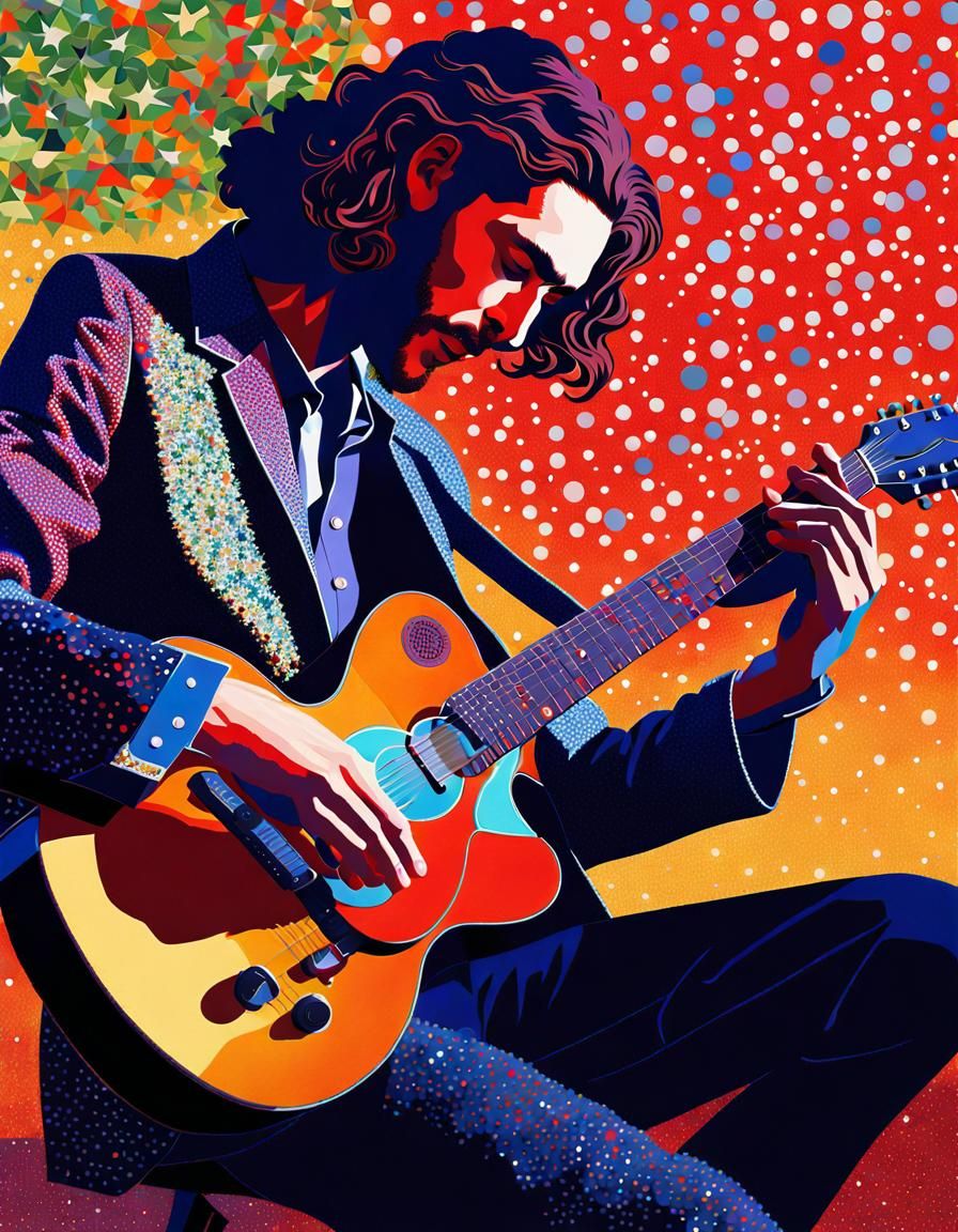 Astral Pointillism Portrait of Musician with Guitar