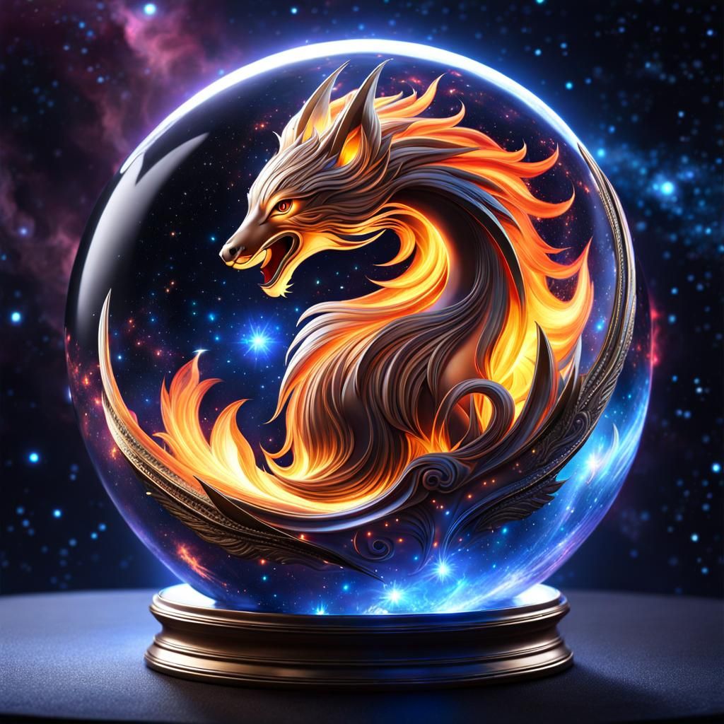 Fiery Sprite in Crystal Sphere: Dark Fantasy Art