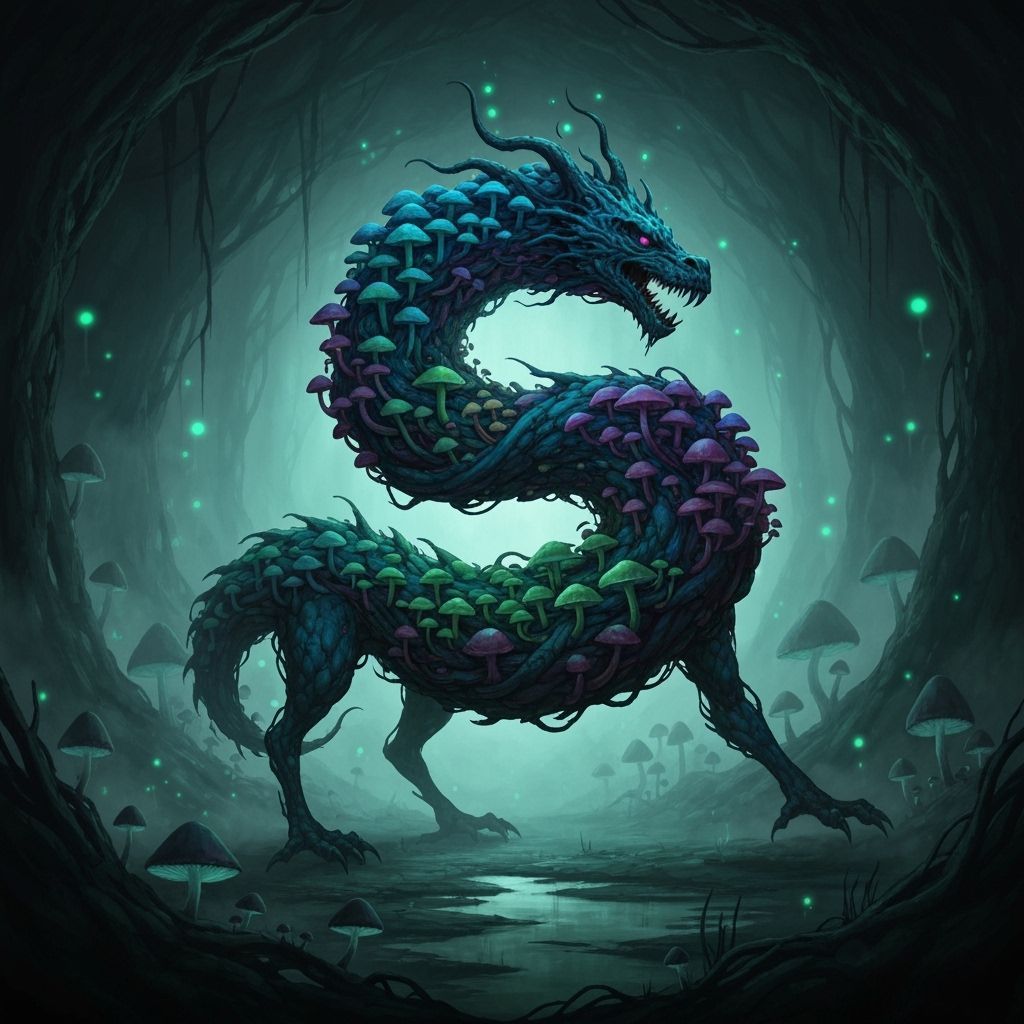 Bioluminescent Dragon Mushroom Beast in Dark Fantasy Style