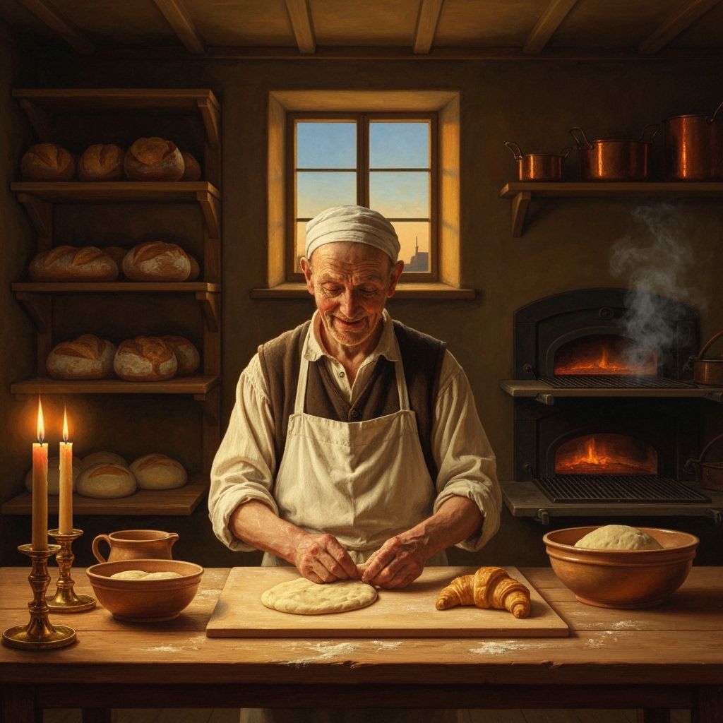 Golden Age Baker Shaping Croissants at Dawn