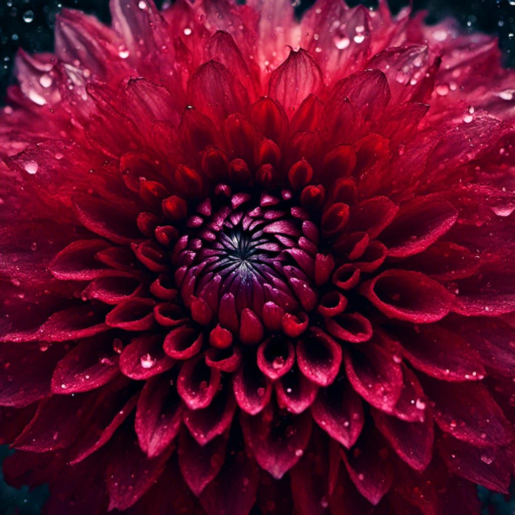Macro Photo of Dewy Dark Red Dahlia