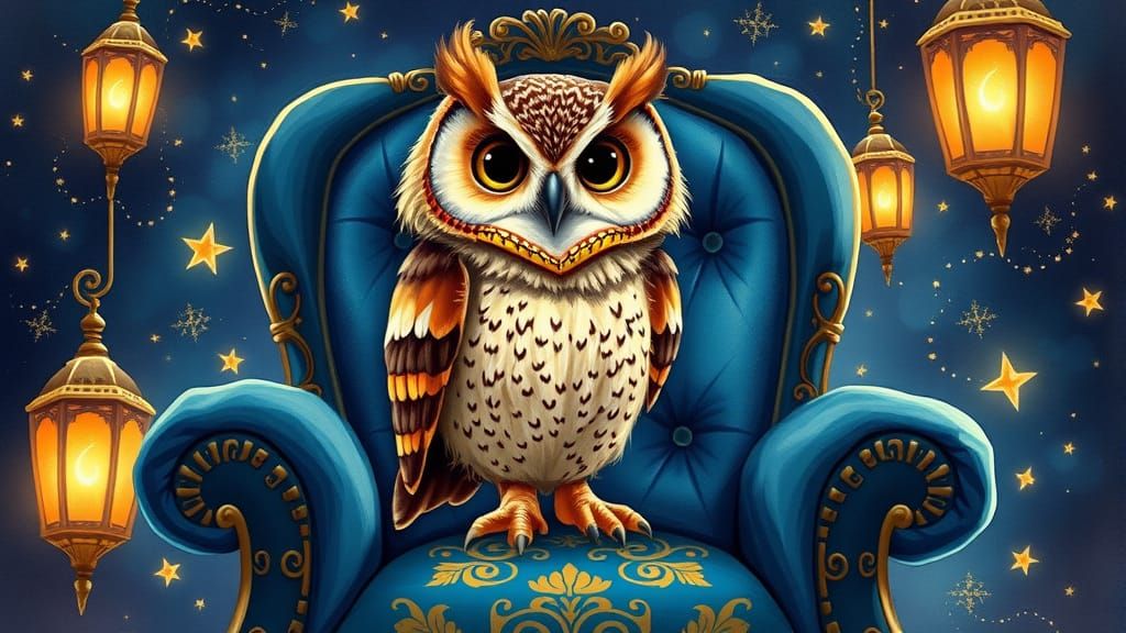 Wise Owl on Velvet Throne with Lanterns