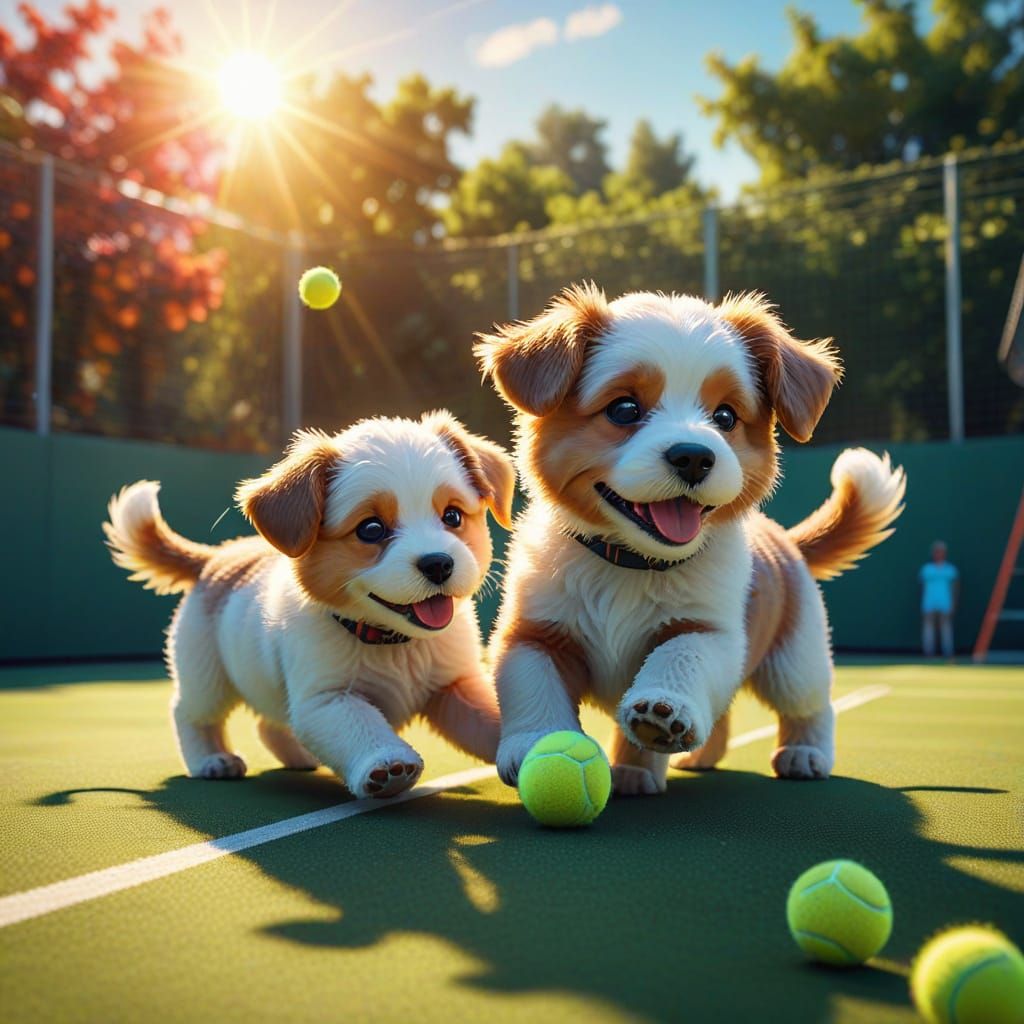 Puppies Playing Tennis in Whimsical Pixar Style
